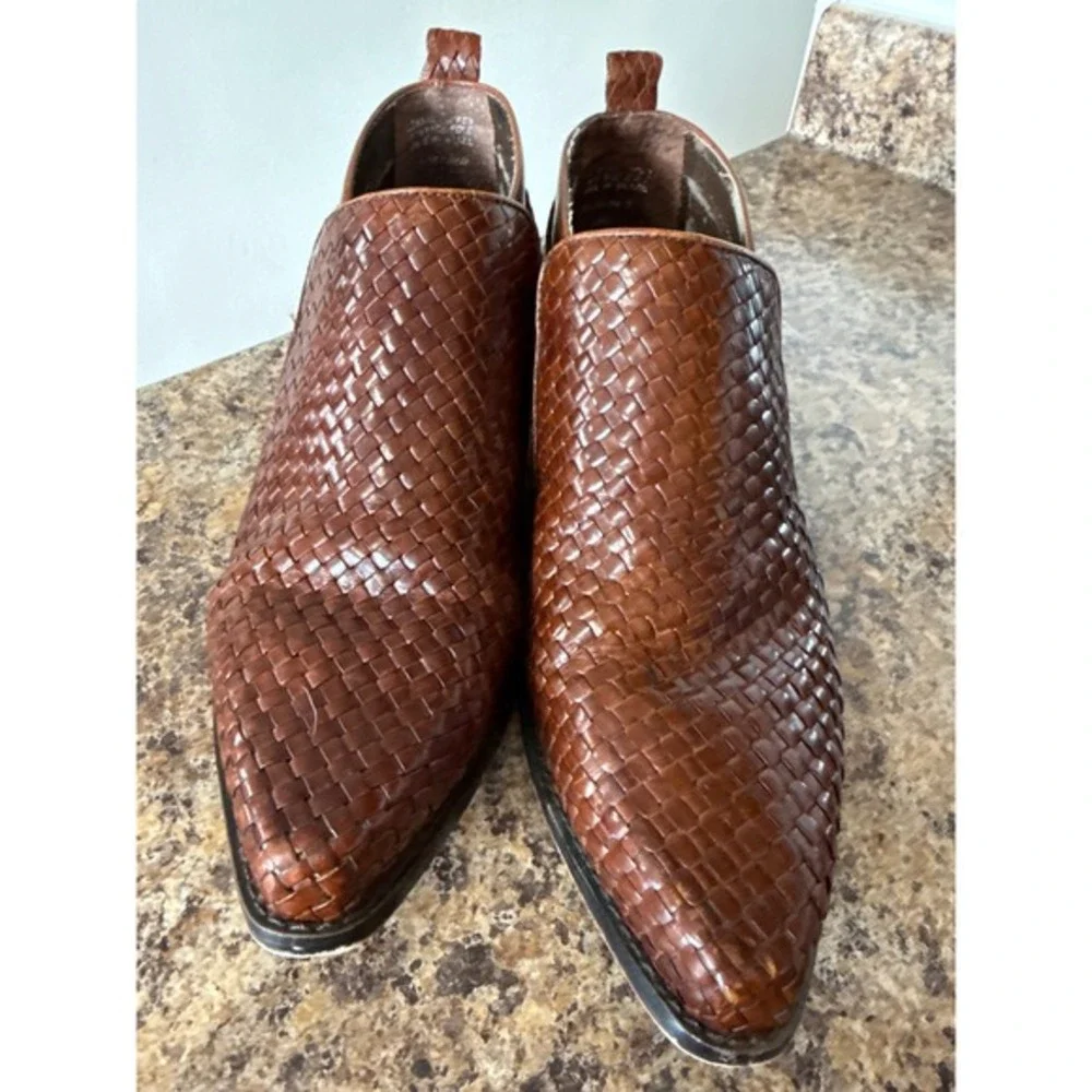 Enzo Angiolini Woven‎ Leather Ankle Boots Women's 8M Cognac Brown Pointed Toe